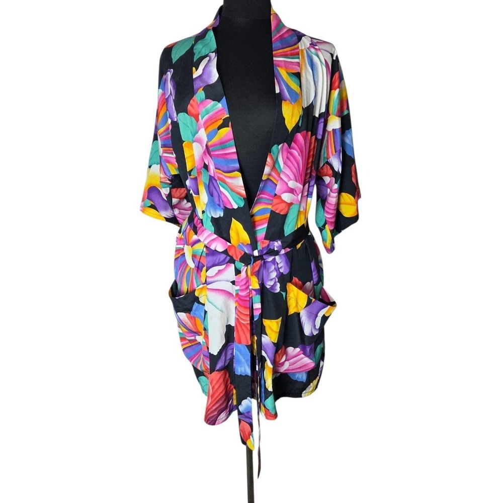 Vintage Gottex Cover-up Up Bright Tropical Floral Belted Robe Pockets Size S